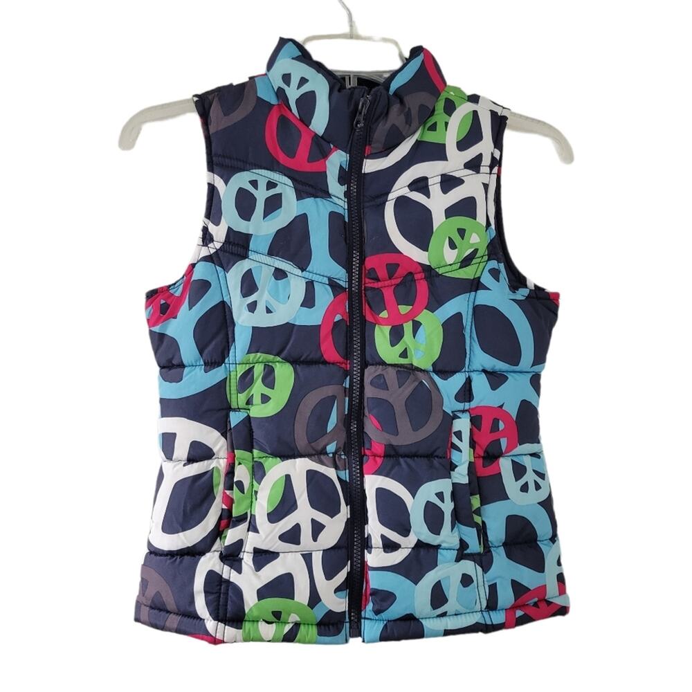Old Navy Puffer Vest Kids Girls Size Large 10-12 Peace Signs Zip Up Coat